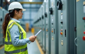 Woman engineer inspects electrical control panel with tablet in industrial facility. She wears safety helmet and high visibility vest, monitoring energy system for efficiency.